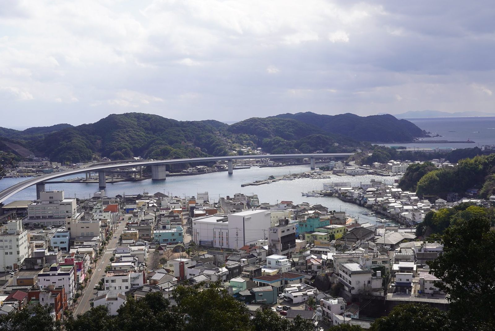 高台から見下ろす牛深の町並みと牛深ハイヤ大橋
