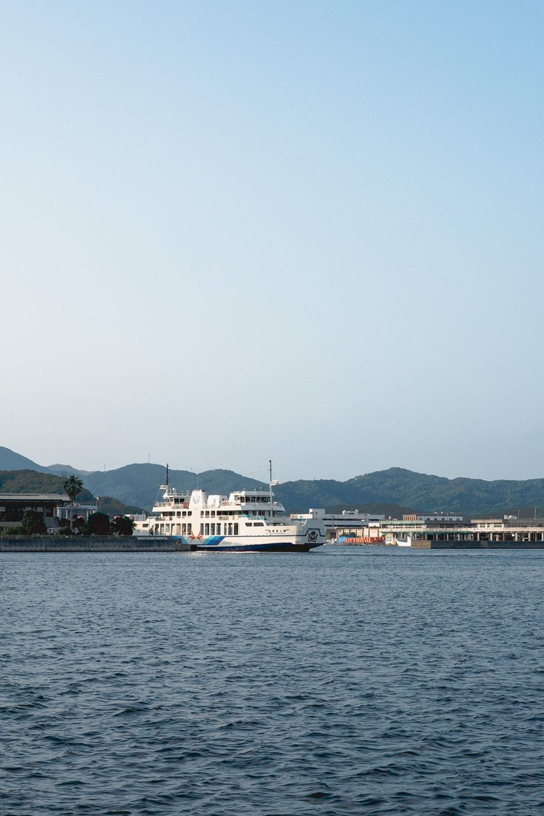 山を背に港へ入る白いフェリー